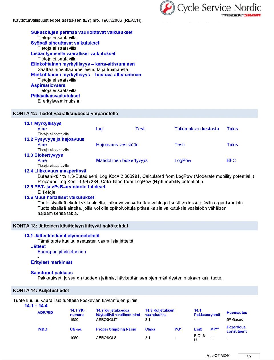 1 Myrkyllisyys Aine Laji Testi Tutkimuksen kestosta Tulos 12.2 Pysyvyys ja hajoavuus Aine Hajoavuus vesistöön Testi Tulos 12.3 Biokertyvyys Aine Mahdollinen biokertyvyys LogPow BFC 12.