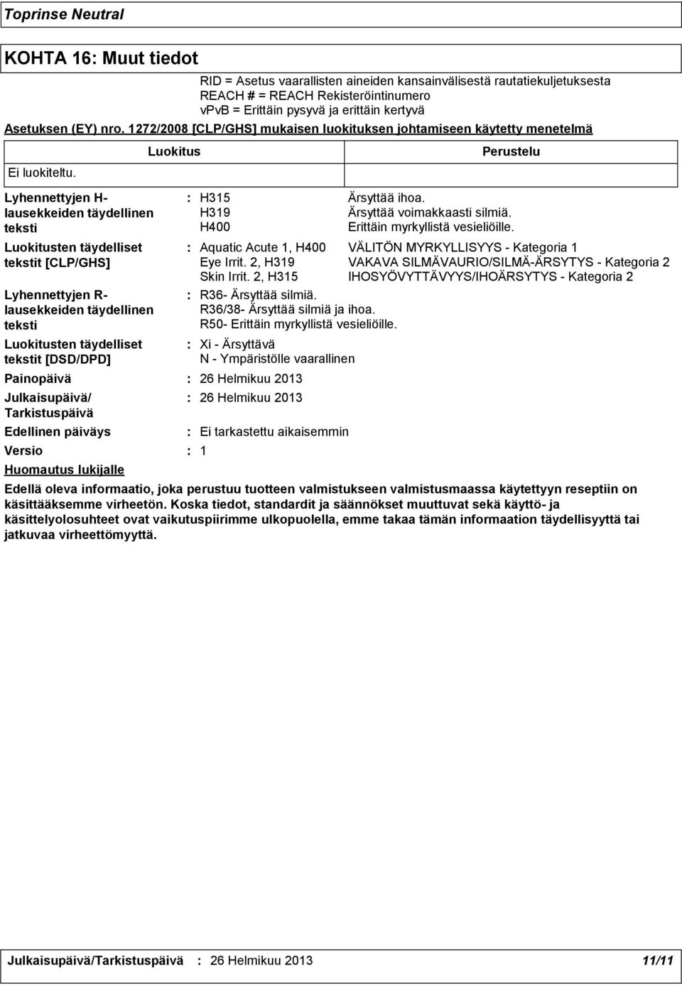 Asetuksen (EY) nro. 1272/2008 [CLP/GHS] mukaisen luokituksen johtamiseen käytetty menetelmä Ei luokiteltu.