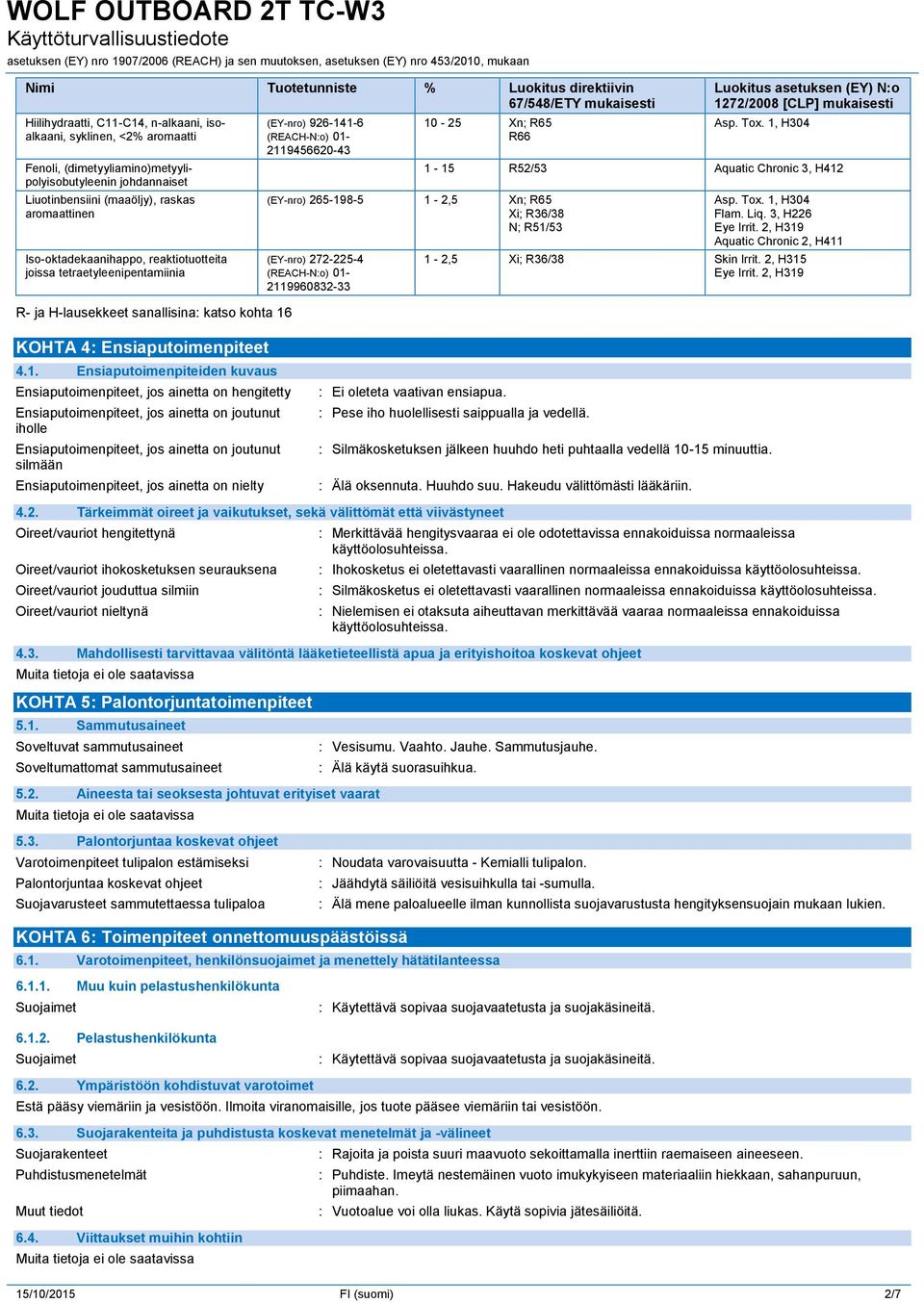 01-2119456620-43 10-25 Xn; R65 R66 (EY-nro) 265-198-5 1-2,5 Xn; R65 Xi; R36/38 N; R51/53 (EY-nro) 272-225-4 (REACH-N:o) 01-2119960832-33 Luokitus asetuksen (EY) N:o 1272/2008 [CLP] mukaisesti Asp.