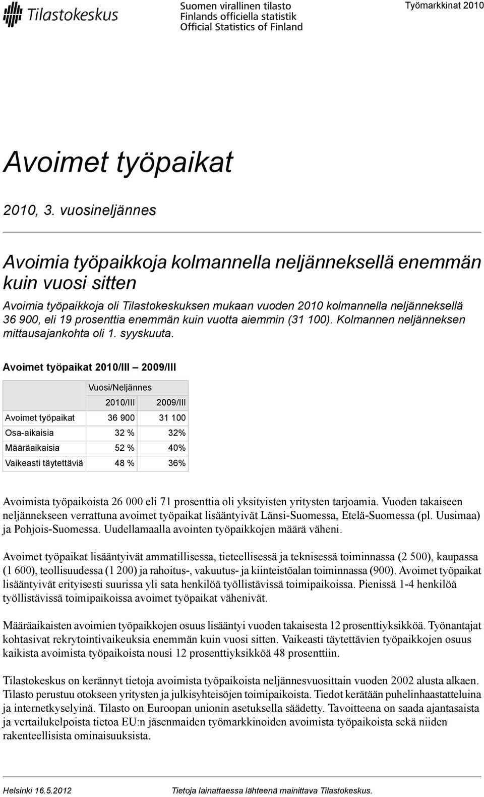 Määräaikaisia Vaikeasti täytettäviä 21/III 36 9 32 % 52 % 48 % 29/III 31 32% 4% 36% Avoimista työpaikoista 26 eli 71 prosenttia oli yksityisten yritysten tarjoamia Vuoden takaiseen neljännekseen