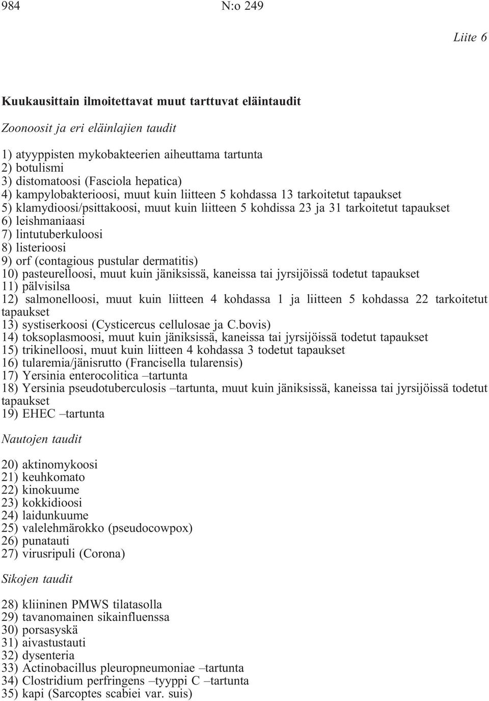 lintutuberkuloosi 8) listerioosi 9) orf (contagious pustular dermatitis) 10) pasteurelloosi, muut kuin jäniksissä, kaneissa tai jyrsijöissä todetut tapaukset 11) pälvisilsa 12) salmonelloosi, muut