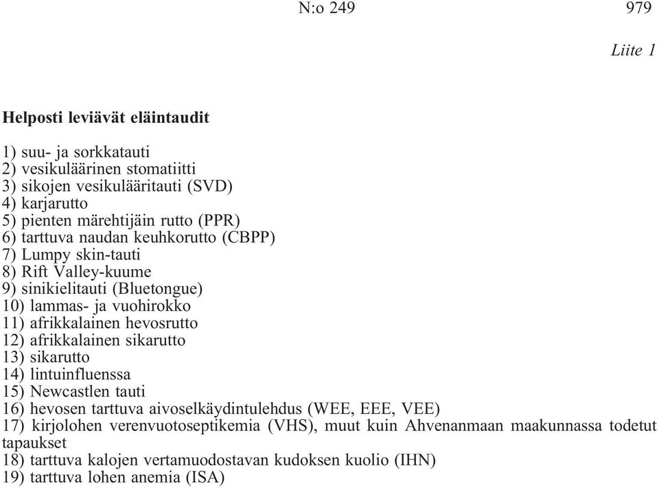 afrikkalainen hevosrutto 12) afrikkalainen sikarutto 13) sikarutto 14) lintuinfluenssa 15) Newcastlen tauti 16) hevosen tarttuva aivoselkäydintulehdus (WEE, EEE, VEE)