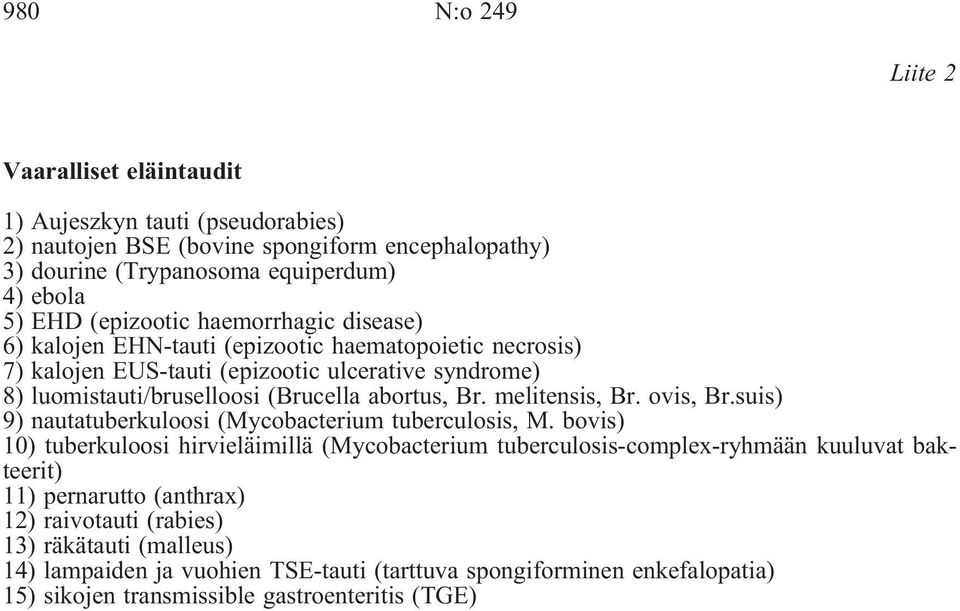Br. melitensis, Br. ovis, Br.suis) 9) nautatuberkuloosi (Mycobacterium tuberculosis, M.