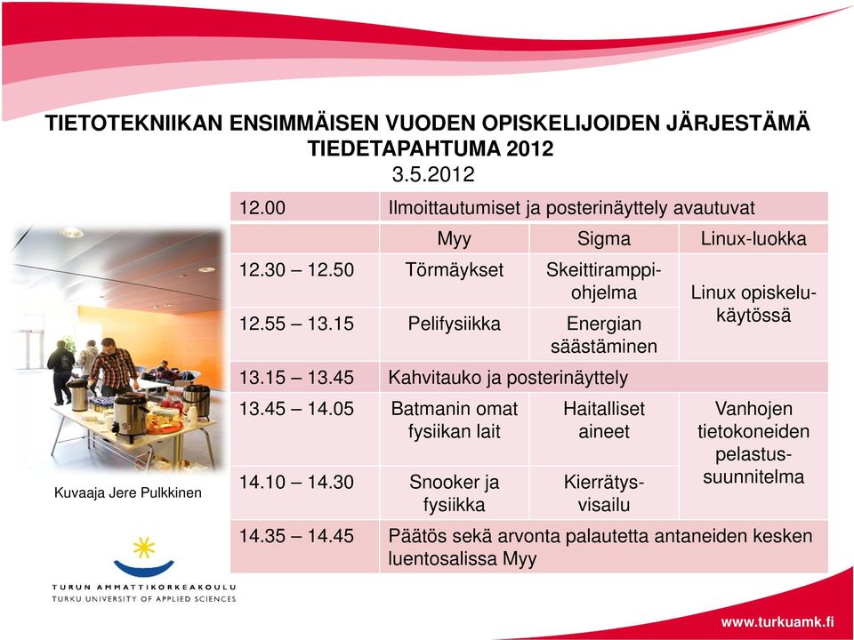 15 Pelifysiikka Energian säästäminen 13.15 13.45 Kahvitauko ja posterinäyttely 13.45 14.05 Batmanin omat fysiikan lait 14.10 14.