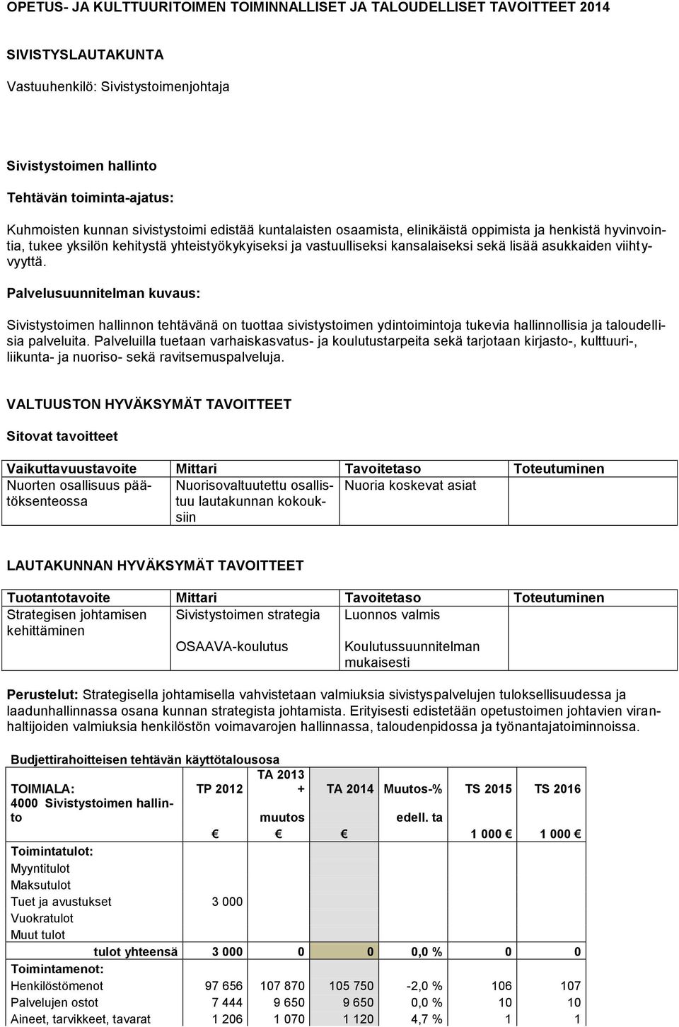 Palvelusuunnitelman kuvaus: Sivistystoimen hallinnon tehtävänä on tuottaa sivistystoimen ydintoimintoja tukevia hallinnollisia ja taloudellisia palveluita.