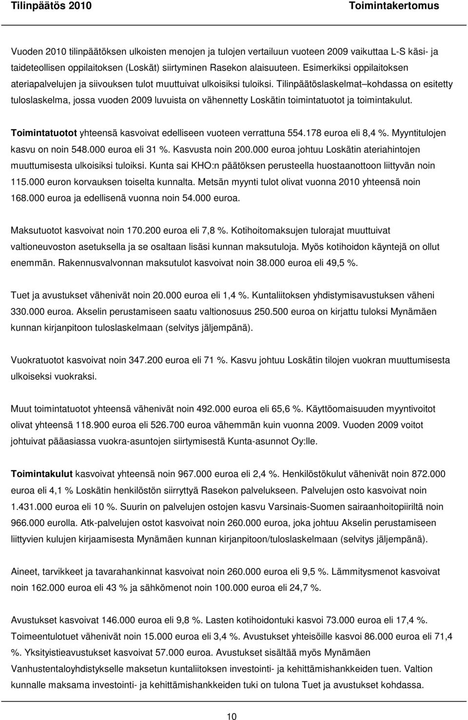 Tilinpäätöslaskelmat kohdassa on esitetty tuloslaskelma, jossa vuoden 2009 luvuista on vähennetty Loskätin toimintatuotot ja toimintakulut.