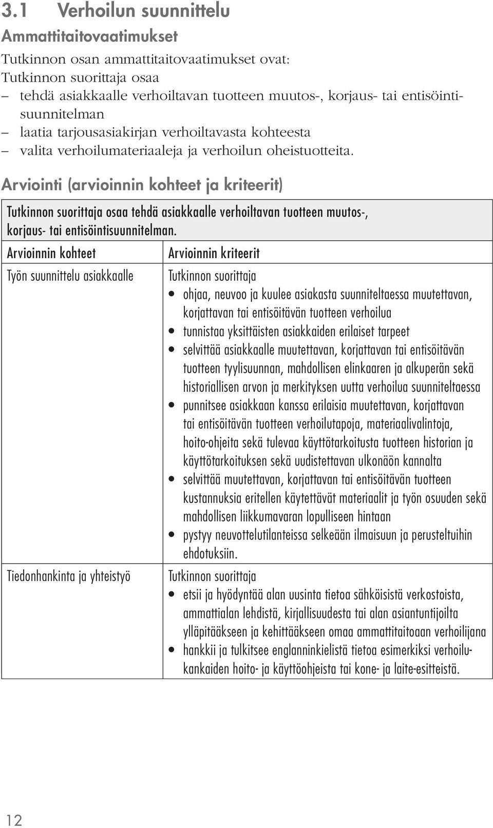 Arviointi (arvioinnin kohteet ja kriteerit) osaa tehdä asiakkaalle verhoiltavan tuotteen muutos-, korjaus- tai entisöintisuunnitelman.