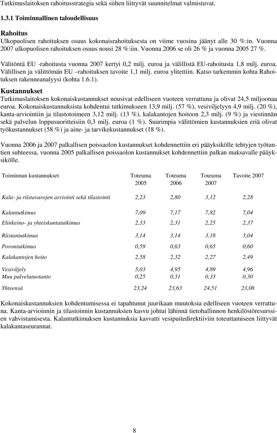 Vuonna 2006 se oli 26 % ja vuonna 2005 27 %. Välitöntä EU -rahoitusta vuonna 2007 kertyi 0,2 milj. euroa ja välillistä EU-rahoitusta 1,8 milj. euroa. Välillisen ja välittömän EU rahoituksen tavoite 1,1 milj.