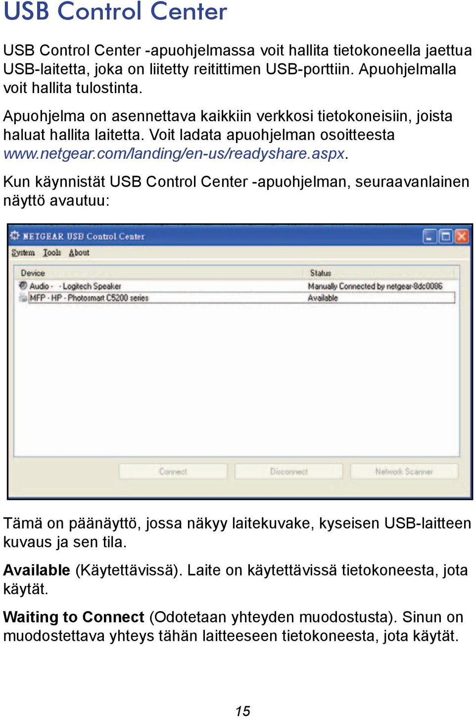 Kun käynnistät USB Control Center -apuohjelman, seuraavanlainen näyttö avautuu: Tämä on päänäyttö, jossa näkyy laitekuvake, kyseisen USB-laitteen kuvaus ja sen tila.