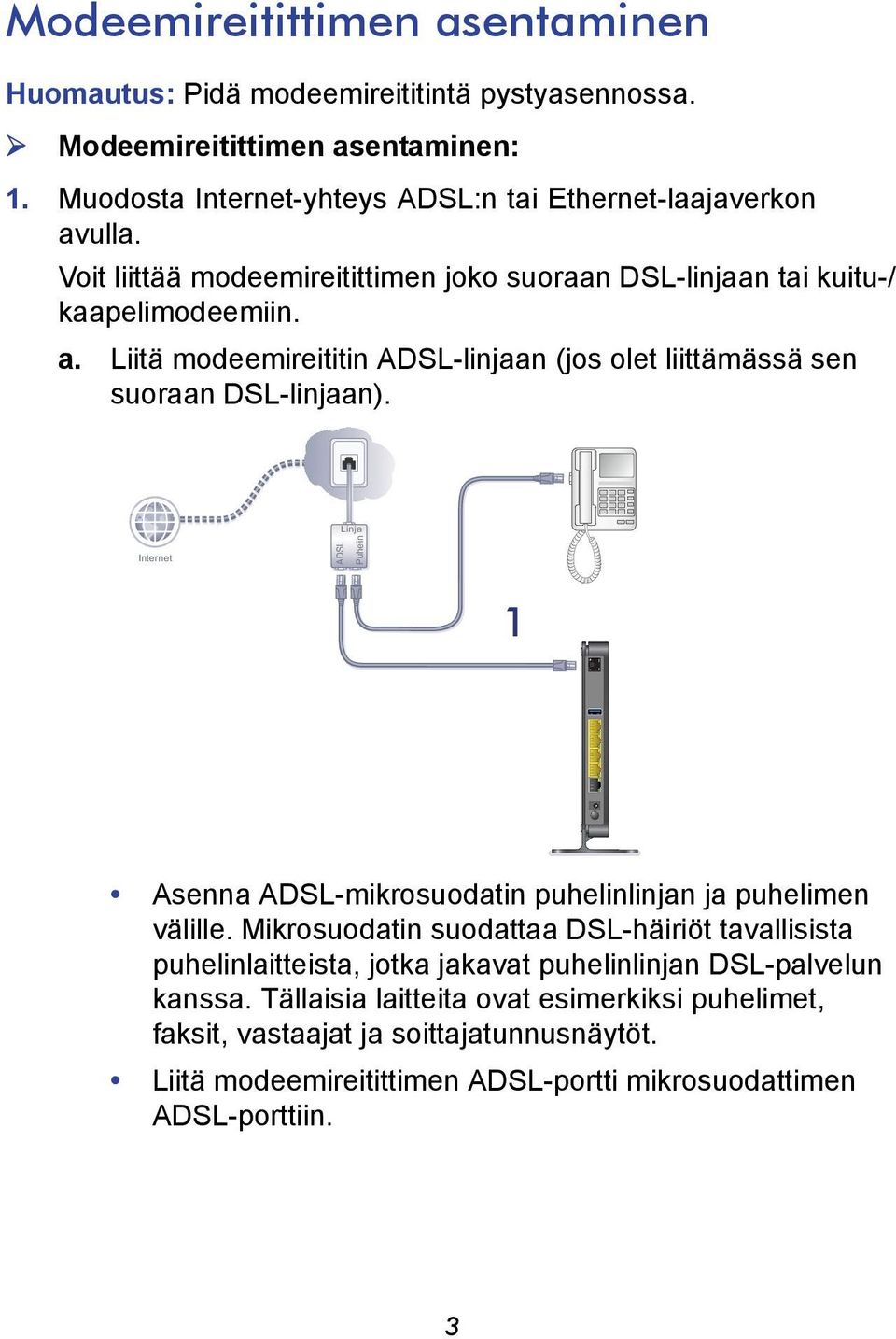 Linja Internet ADSL Puhelin 1 Asenna ADSL-mikrosuodatin puhelinlinjan ja puhelimen välille.