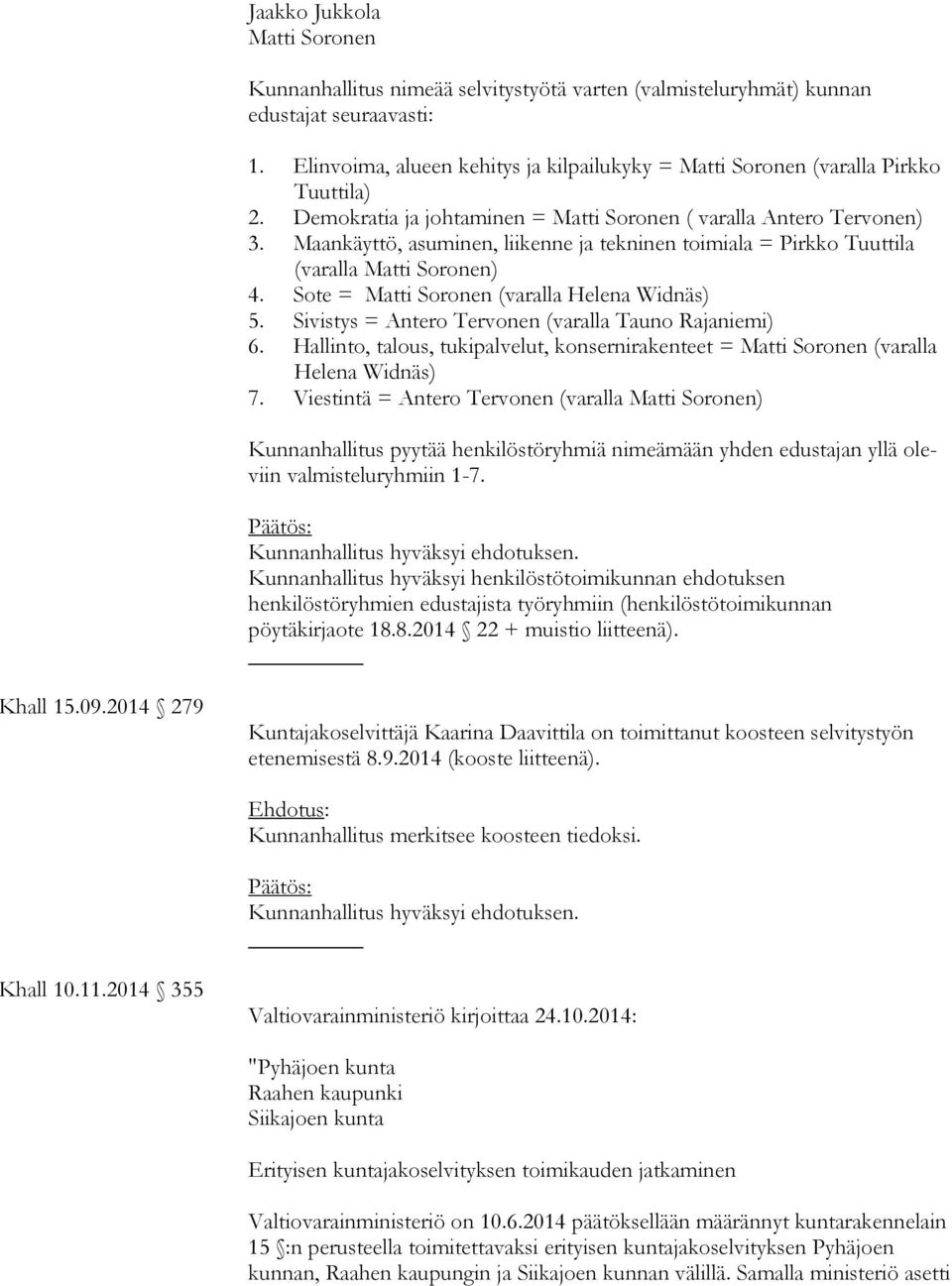 Maankäyttö, asuminen, liikenne ja tekninen toimiala = Pirkko Tuuttila (varalla Matti Soronen) 4. Sote = Matti Soronen (varalla Helena Widnäs) 5. Sivistys = Antero Tervonen (varalla Tauno Rajaniemi) 6.