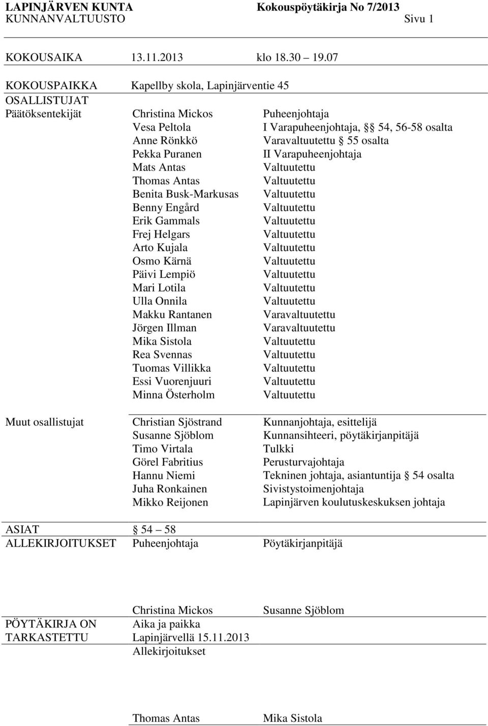 Gammals Frej Helgars Arto Kujala Osmo Kärnä Päivi Lempiö Mari Lotila Ulla Onnila Makku Rantanen Jörgen Illman Mika Sistola Rea Svennas Tuomas Villikka Essi Vuorenjuuri Minna Österholm Puheenjohtaja I