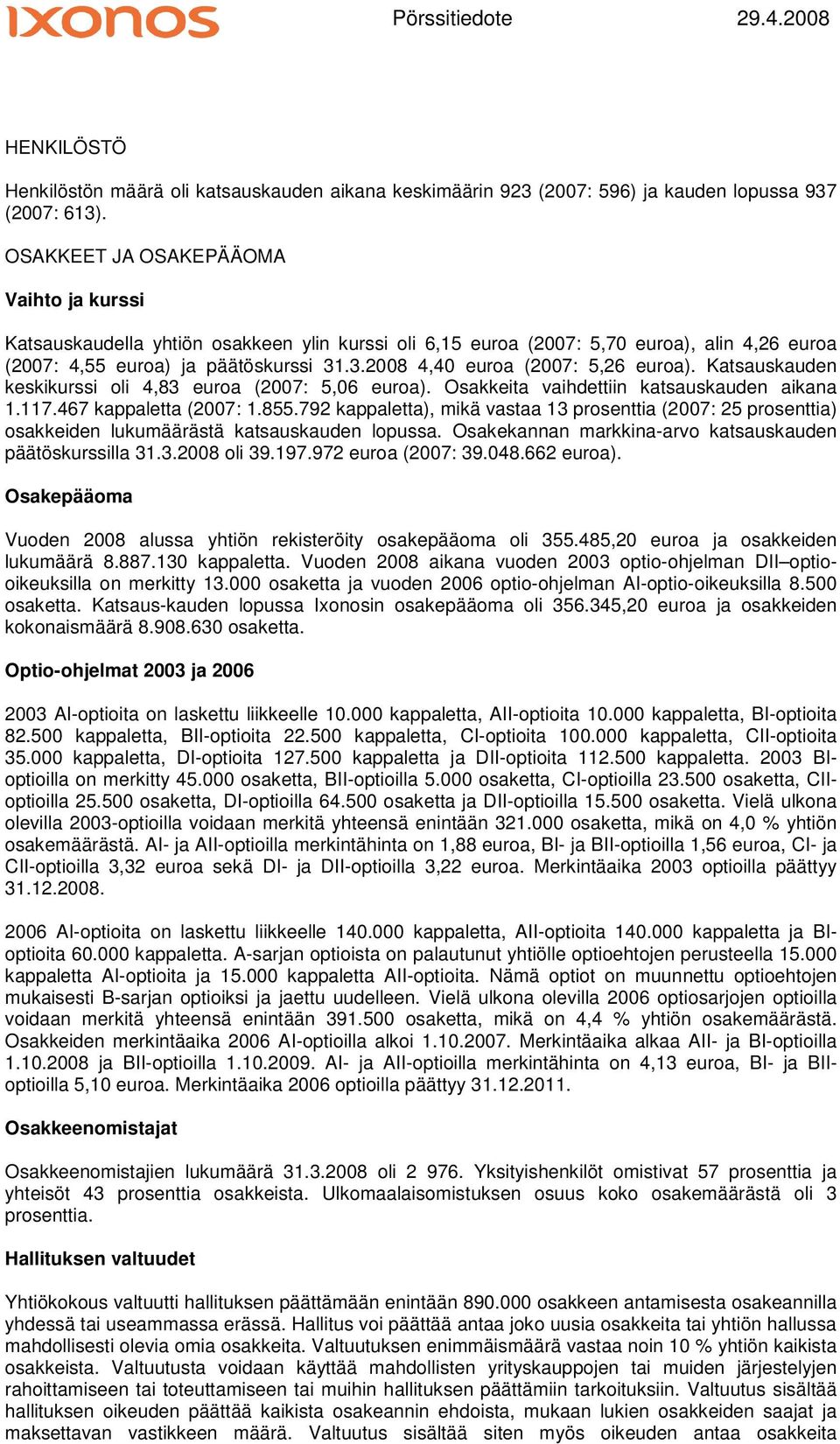 .3.2008 4,40 euroa (2007: 5,26 euroa). Katsauskauden keskikurssi oli 4,83 euroa (2007: 5,06 euroa). Osakkeita vaihdettiin katsauskauden aikana 1.117.467 kappaletta (2007: 1.855.