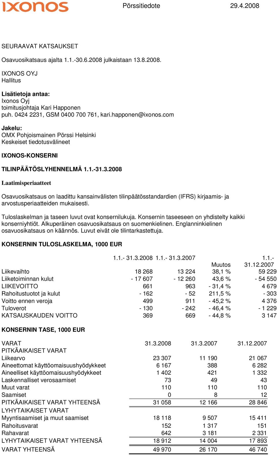 .3.2008 Laatimisperiaatteet Osavuosikatsaus on laadittu kansainvälisten tilinpäätösstandardien (IFRS) kirjaamis- ja arvostusperiaatteiden mukaisesti.