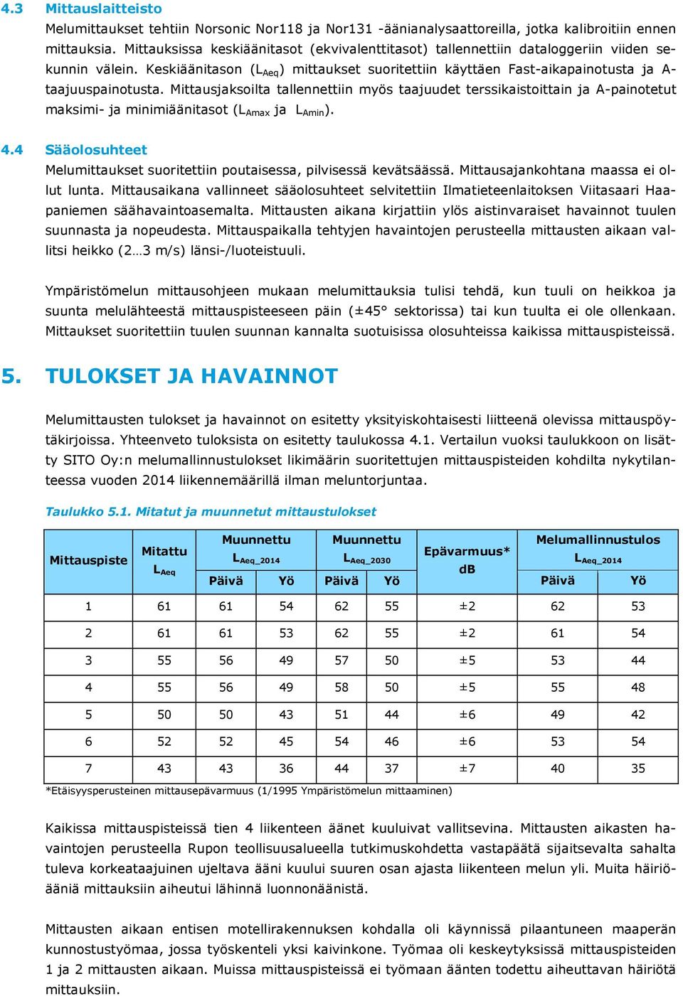 Keskiäänitason (L Aeq ) mittaukset suoritettiin käyttäen Fast-aikapainotusta ja A- taajuuspainotusta.