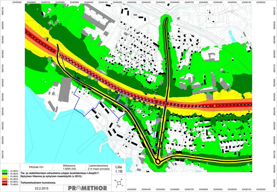 23493600 23493700 23493800 Mittakaava 1:5000 (A3) 23493900 2 m maan pinnasta Tie- ja raideliikenteen aiheuttama yöajan keskiäänitaso LAeq22-7.