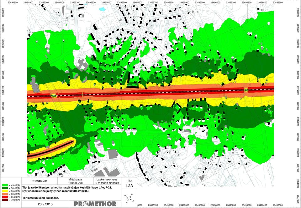 PR3346-Y01 Mittakaava 1:5000 (A3) 23495300 2 m maan pinnasta Tie- ja raideliikenteen aiheuttama päiväajan keskiäänitaso LAeq7-22.