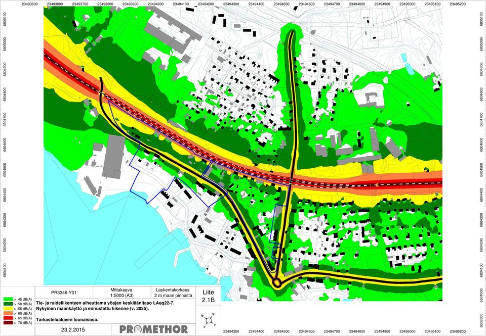 23493600 23493700 23493800 Mittakaava 1:5000 (A3) 23493900 2 m maan pinnasta Tie- ja raideliikenteen aiheuttama yöajan keskiäänitaso LAeq22-7.