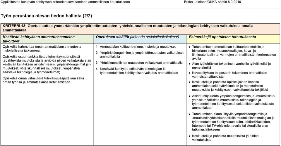 Opiskelija osaa hankkia tietoa toimintaympäristössä tapahtuvista muutoksista ja arvioida niiden vaikutuksia alan kestävän kehityksen asioihin (esim.