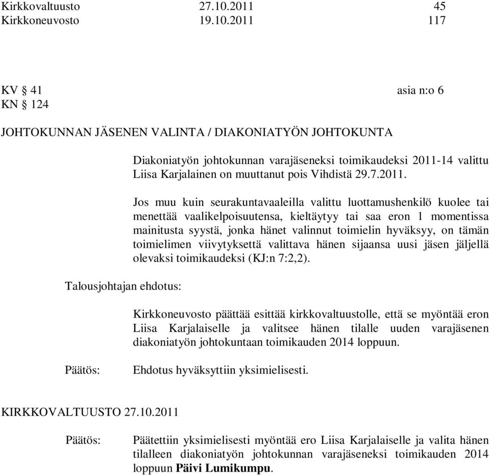 2011 117 KV 41 asia n:o 6 KN 124 JOHTOKUNNAN JÄSENEN VALINTA / DIAKONIATYÖN JOHTOKUNTA Talousjohtajan ehdotus: Diakoniatyön johtokunnan varajäseneksi toimikaudeksi 2011-14 valittu Liisa Karjalainen