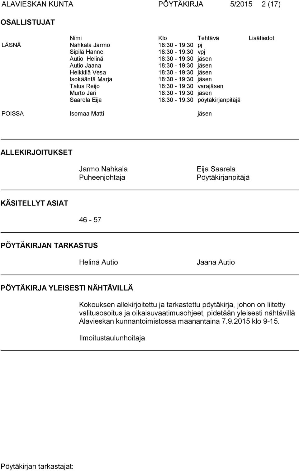 Isomaa Matti jäsen ALLEKIRJOITUKSET Jarmo Nahkala Puheenjohtaja Eija Saarela Pöytäkirjanpitäjä KÄSITELLYT ASIAT 46-57 PÖYTÄKIRJAN TARKASTUS Helinä Autio Jaana Autio PÖYTÄKIRJA YLEISESTI NÄHTÄVILLÄ