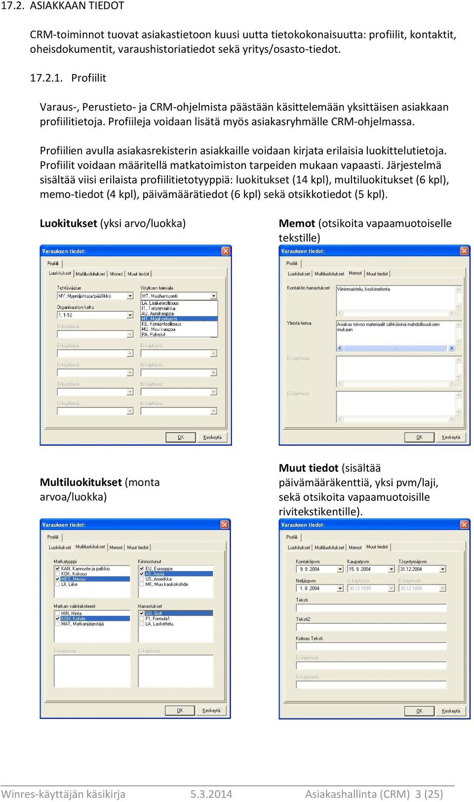 Profiilit voidaan määritellä matkatoimiston tarpeiden mukaan vapaasti.