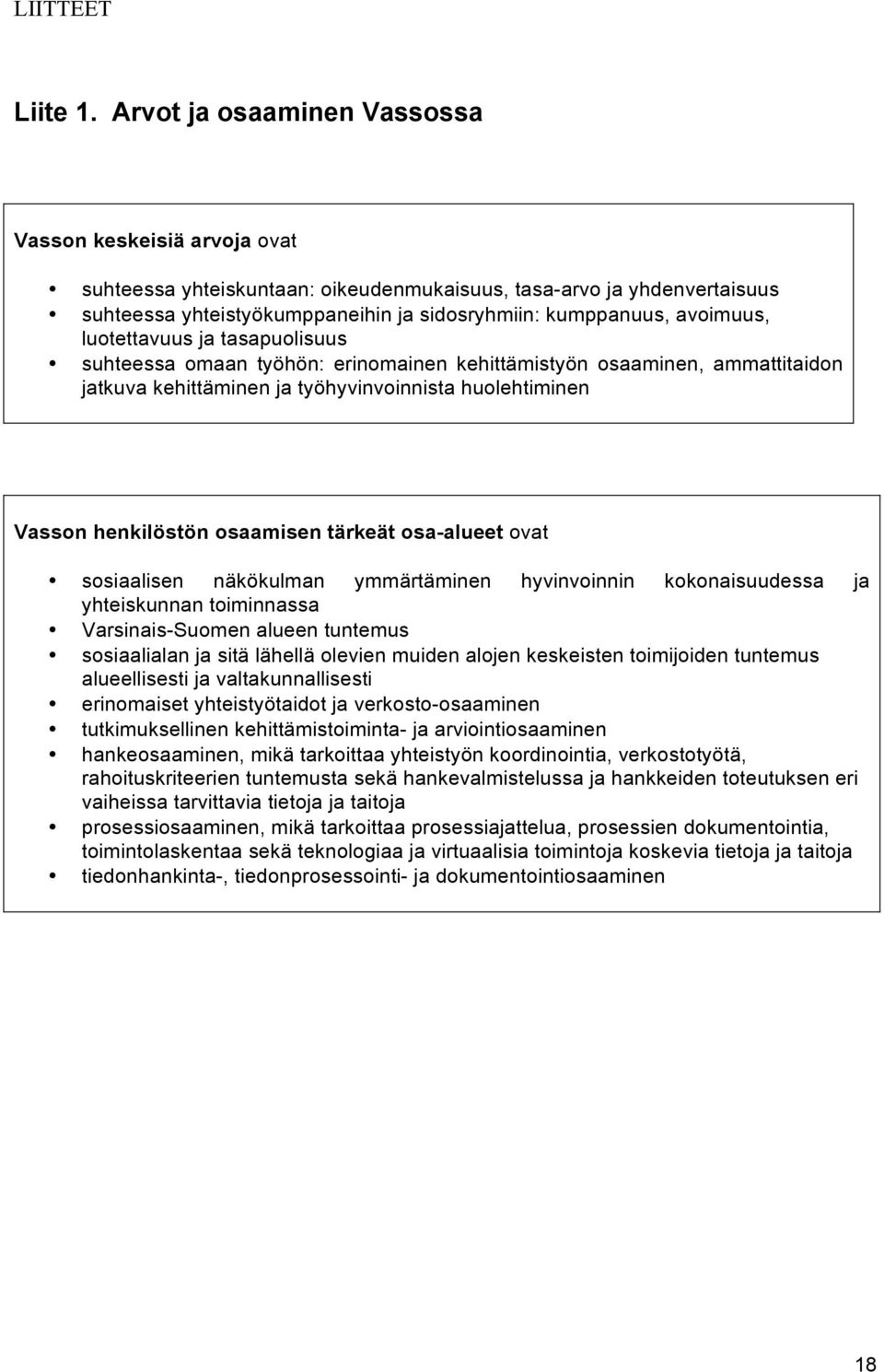 avoimuus, luotettavuus ja tasapuolisuus suhteessa omaan työhön: erinomainen kehittämistyön osaaminen, ammattitaidon jatkuva kehittäminen ja työhyvinvoinnista huolehtiminen Vasson henkilöstön