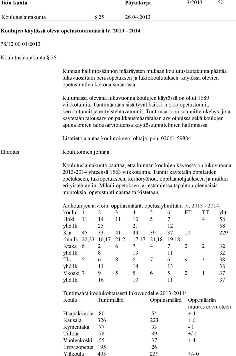 Kulumassa olevana lukuvuonna koulujen käytössä on ollut 1689 viikkotuntia. Tuntimäärään sisältyvät kaikki luokkaopetustunnit, kerrointunnit ja erityistehtävätunnit.