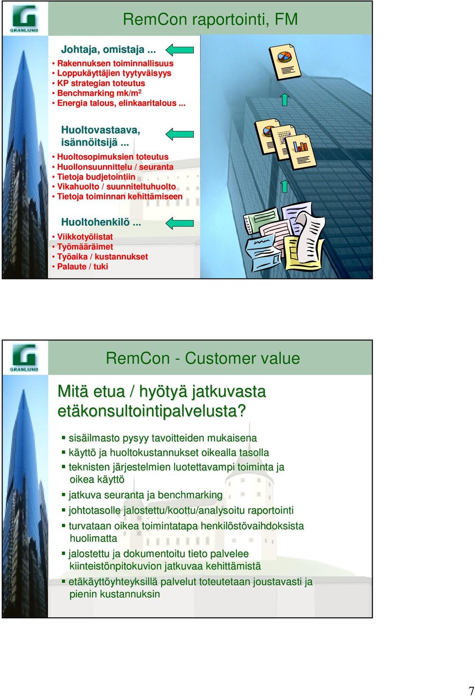 .. Viikkotyölistat Työmääräimet Työaika / kustannukset Palaute / tuki RemCon raportointi, RemCon - Customer value Mitä etua / hyötyä jatkuvasta etäkonsultointipalvelusta?