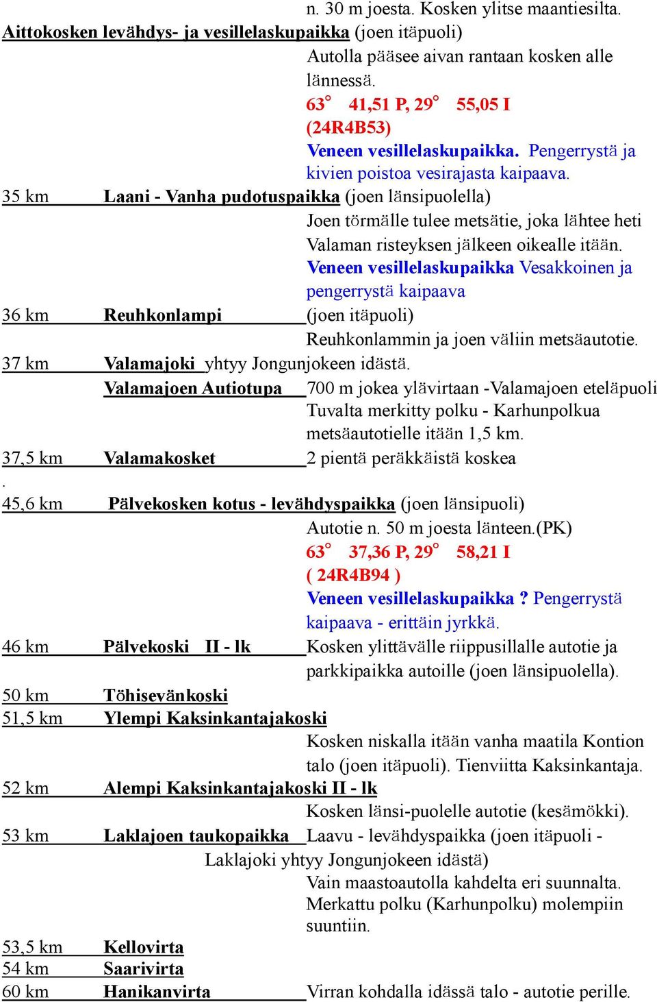 35 km Laani - Vanha pudotuspaikka (joen länsipuolella) Joen törmälle tulee metsätie, joka lähtee heti Valaman risteyksen jälkeen oikealle itään.