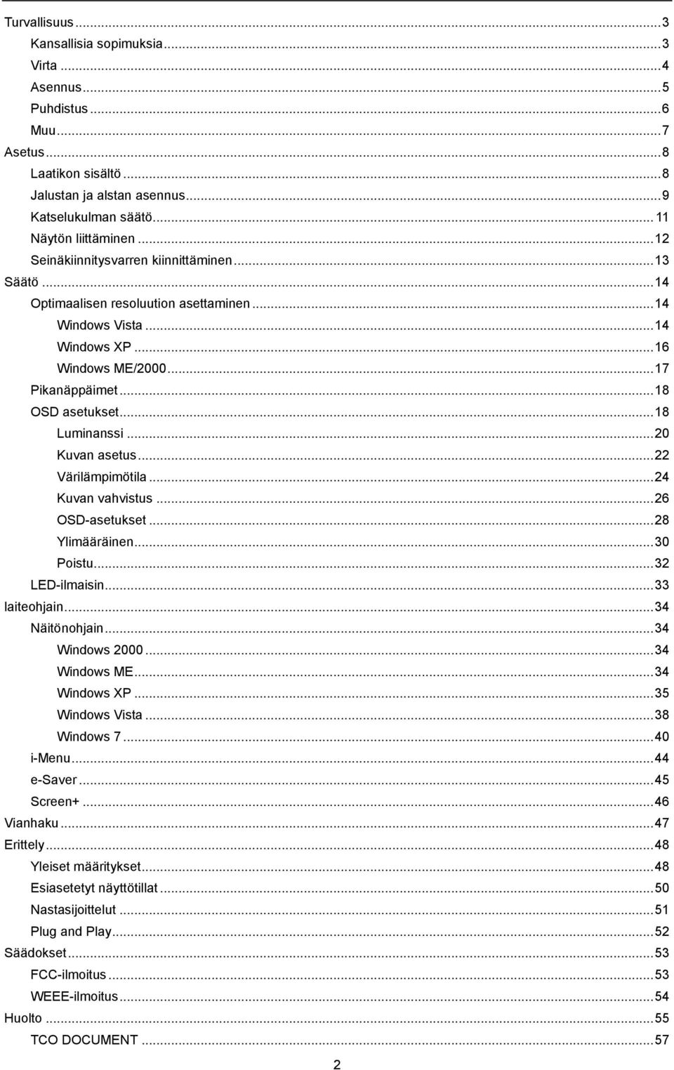 .. 18 OSD asetukset... 18 Luminanssi... 20 Kuvan asetus... 22 Värilämpimötila... 24 Kuvan vahvistus... 26 OSD-asetukset... 28 Ylimääräinen... 30 Poistu... 32 LED-ilmaisin... 33 laiteohjain.