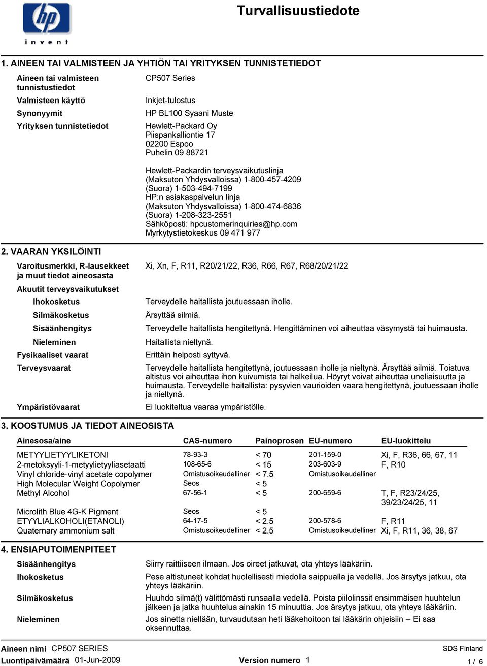 asiakaspalvelun linja (Maksuton Yhdysvalloissa) 1-800-474-6836 (Suora) 1-208-323-2551 Sähköposti: hpcustomerinquiries@hp.com Myrkytystietokeskus 09 471 977 2.