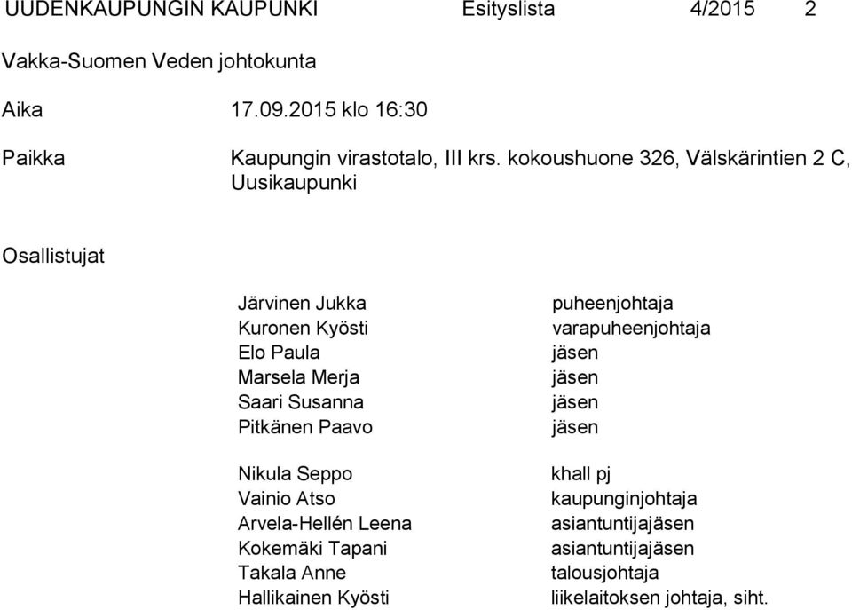 kokoushuone 326, Välskärintien 2 C, Uusikaupunki Osallistujat Järvinen Jukka Kuronen Kyösti Elo Paula Marsela Merja Saari Susanna