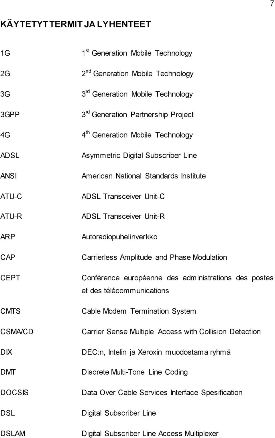 ADSL Transceiver Unit-R Autoradiopuhelinverkko Carrierless Amplitude and Phase Modulation Conférence européenne des administrations des postes et des télécommunications Cable Modem Termination System