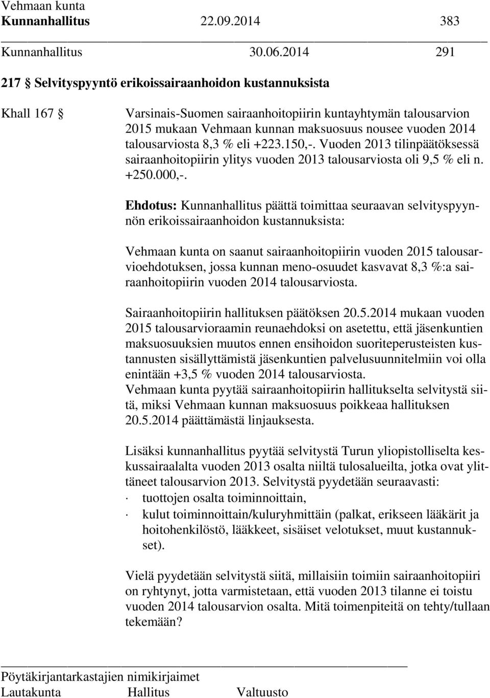 talousarviosta 8,3 % eli +223.150,-. Vuoden 2013 tilinpäätöksessä sairaanhoitopiirin ylitys vuoden 2013 talousarviosta oli 9,5 % eli n. +250.000,-.