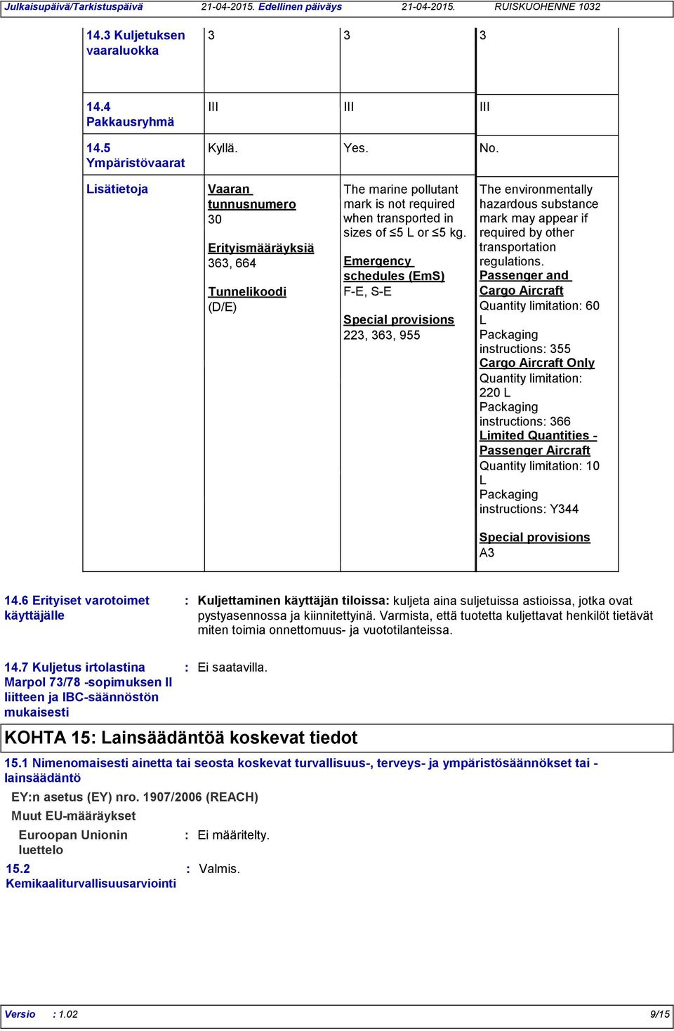 Emergency schedules (EmS) F-E, S-E Special provisions 223, 363, 955 The environmentally hazardous substance mark may appear if required by other transportation regulations.