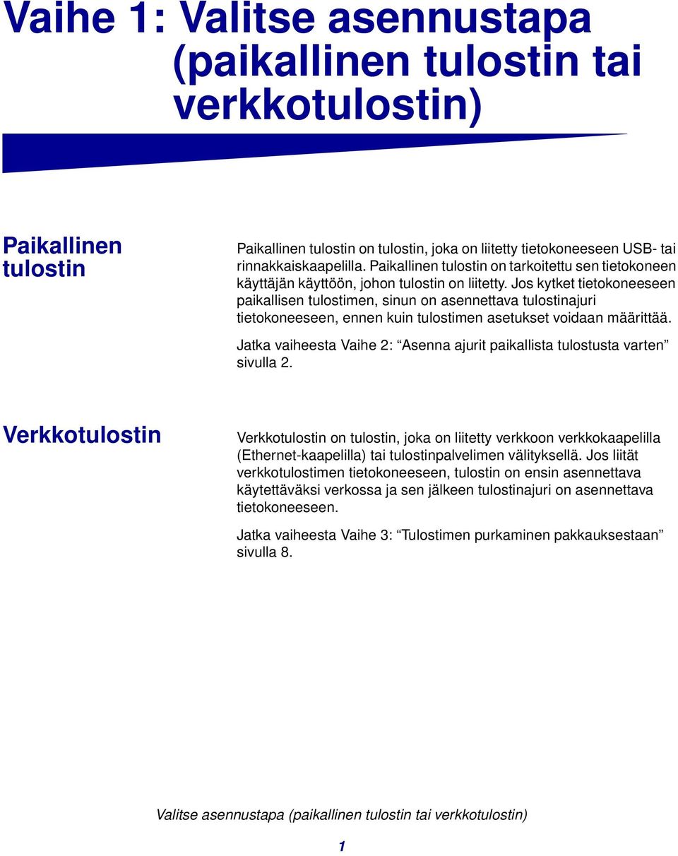 Jos kytket tietokoneeseen paikallisen tulostimen, sinun on asennettava tulostinajuri tietokoneeseen, ennen kuin tulostimen asetukset voidaan määrittää.