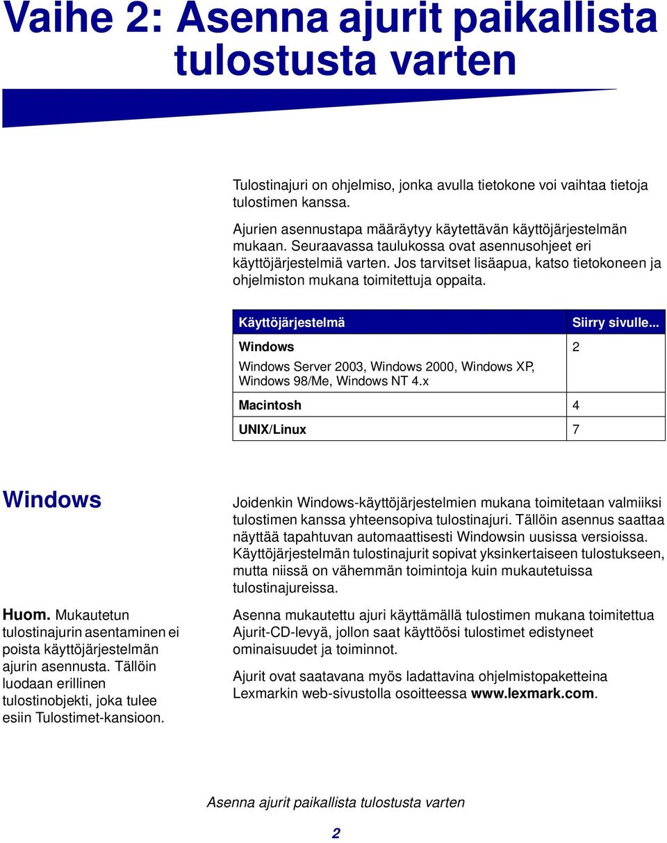 Jos tarvitset lisäapua, katso tietokoneen ja ohjelmiston mukana toimitettuja oppaita. Käyttöjärjestelmä Windows Windows Server 2003, Windows 2000, Windows XP, Windows 98/Me, Windows NT 4.