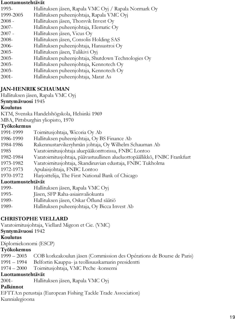 Hallituksen puheenjohtaja, Shutdown Technologies Oy 2003- Hallituksen puheenjohtaja, Kennotech Oy 2003- Hallituksen puheenjohtaja, Kennotech Oy 2001- Hallituksen puheenjohtaja, Marat As JAN-HENRIK