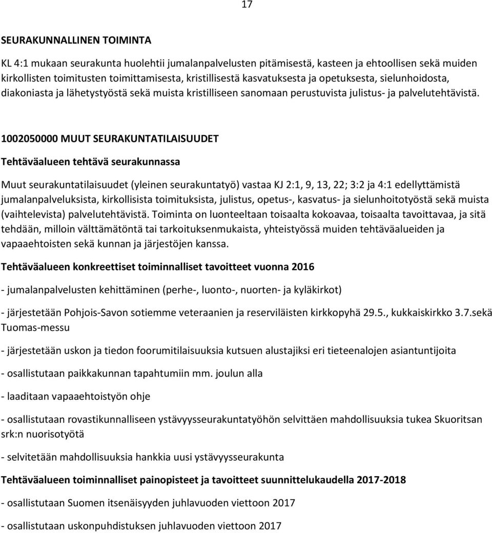 1002050000 MUUT SEURAKUNTILAISUUDET Tehtäväalueen tehtävä seurakunnassa Muut seurakuntatilaisuudet (yleinen seurakuntatyö) vastaa KJ 2:1, 9, 13, 22; 3:2 ja 4:1 edellyttämistä jumalanpalveluksista,