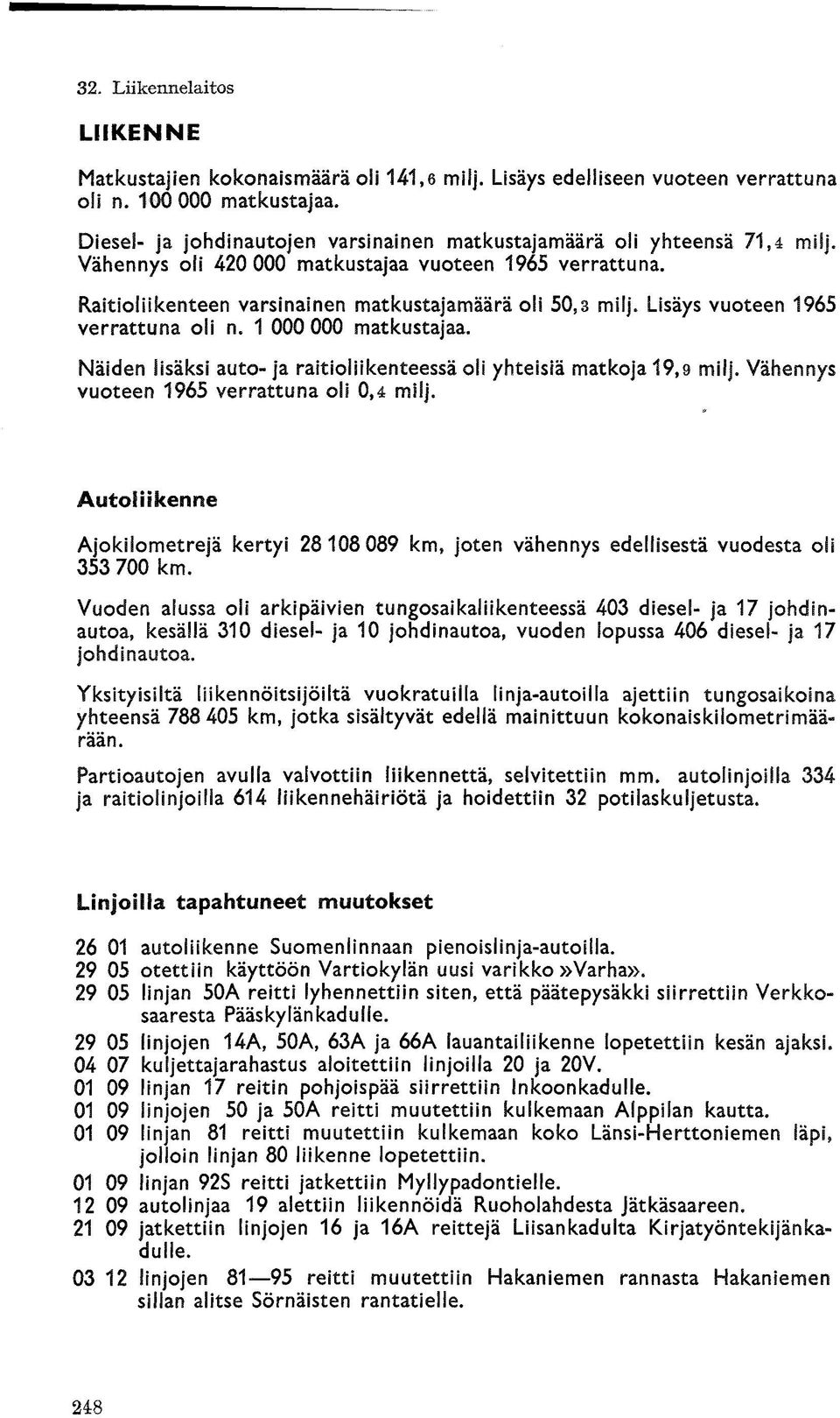 Lisäys vuoteen 1965 verrattuna oli n. 1 000 000 matkustajaa. Näiden lisäksi auto- ja raitioliikenteessä oli yhteisiä matkoja 19,9 milj. Vähennys vuoteen 1965 verrattuna oli 0,4 milj.