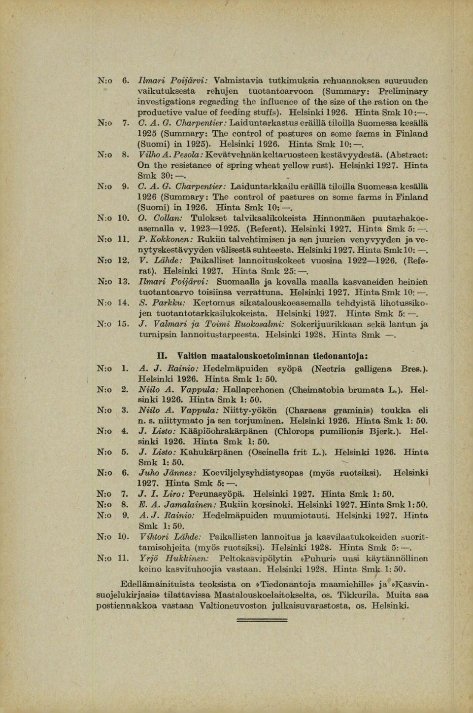 productive valua of feeding stuffs). Helsinki 1926. Hinta Smk 10:-. N:o 7. C. A. G. Charpentier: Laiduntarkastus eräillä tiloilla.