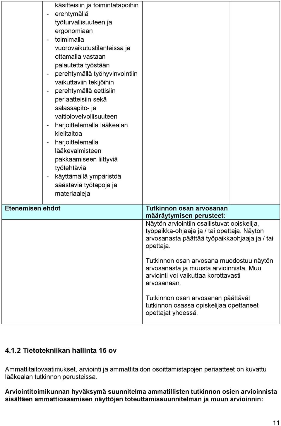 liittyviä työtehtäviä - käyttämällä ympäristöä säästäviä työtapoja ja materiaaleja Etenemisen ehdot Tutkinnon osan arvosanan määräytymisen perusteet: Näytön arviointiin osallistuvat opiskelija,