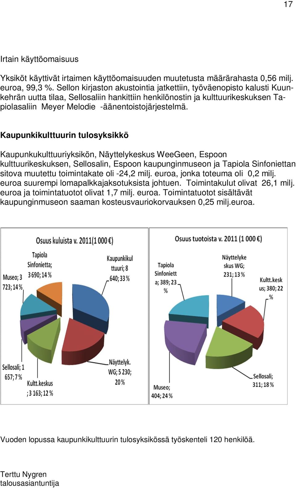 Kaupunkikulttuurin tulosyksikkö Kaupunkukulttuuriyksikön, Näyttelykeskus WeeGeen, Espoon kulttuurikeskuksen, Sellosalin, Espoon kaupunginmuseon ja Tapiola Sinfoniettan sitova muutettu toimintakate