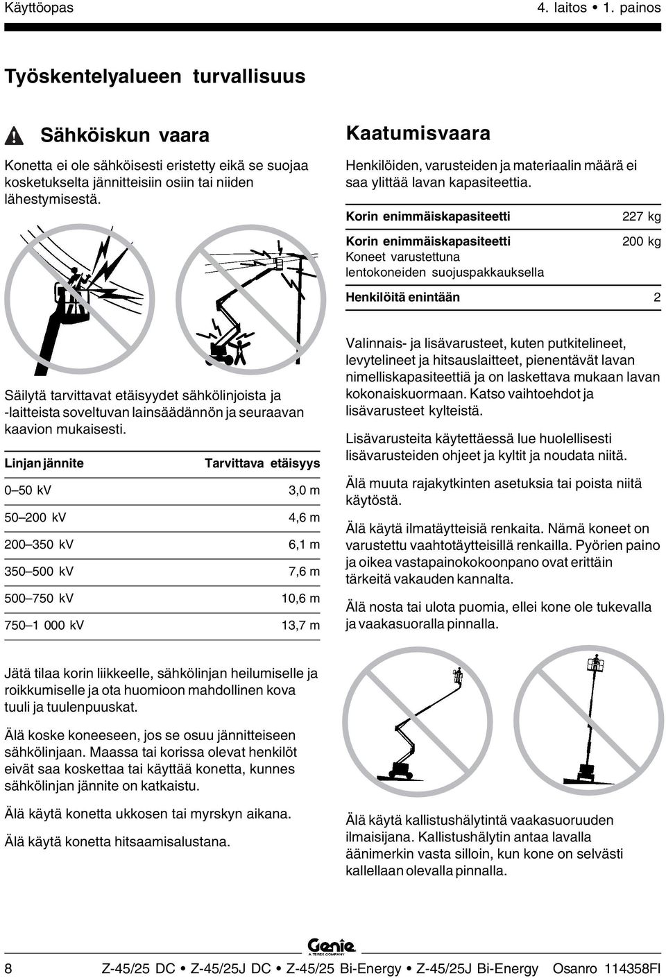 Korin enimmäiskapasiteetti 227 kg Korin enimmäiskapasiteetti Koneet varustettuna lentokoneiden suojuspakkauksella 200 kg Henkilöitä enintään 2 Säilytä tarvittavat etäisyydet sähkölinjoista ja