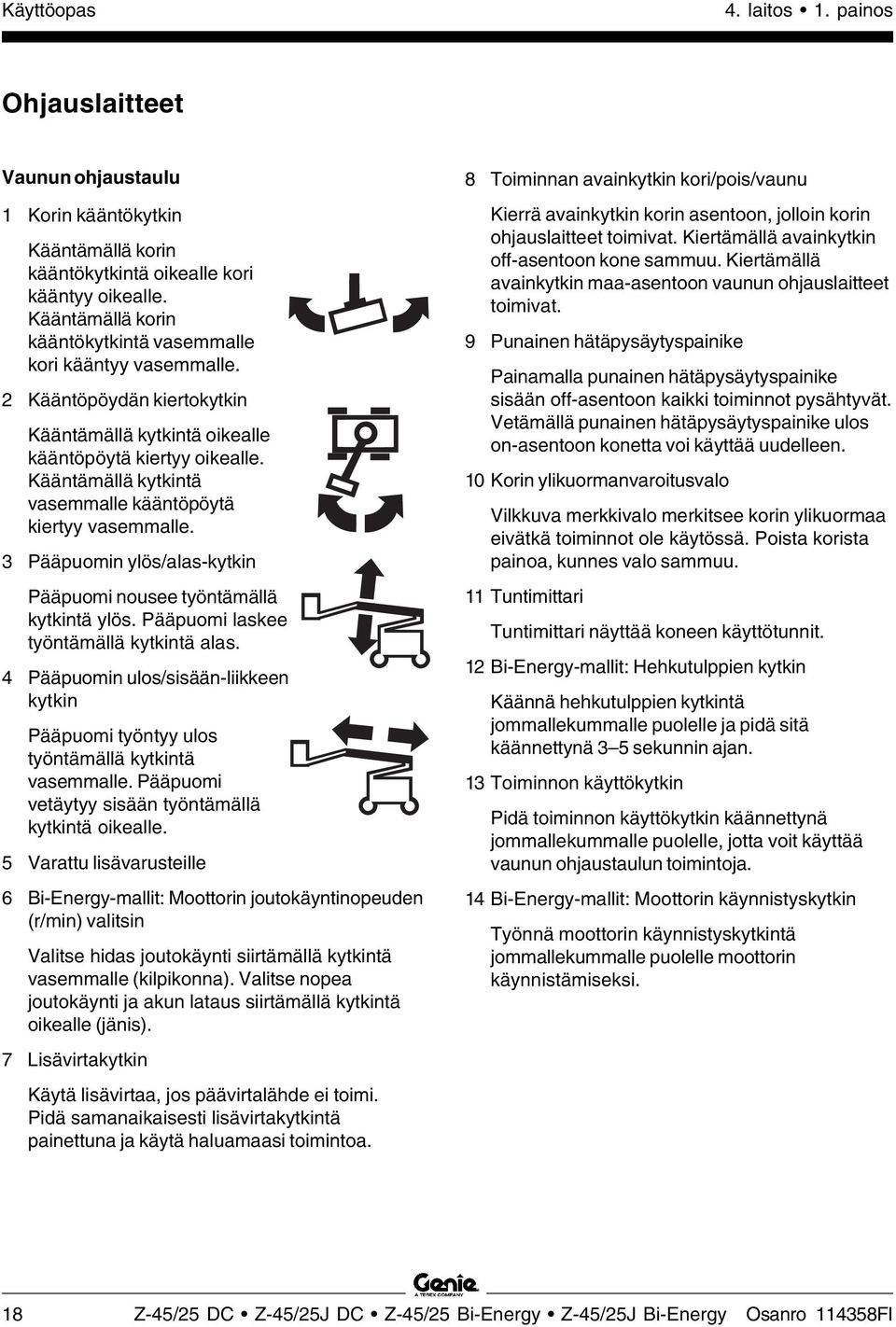 Kääntämällä kytkintä vasemmalle kääntöpöytä kiertyy vasemmalle. 3 Pääpuomin ylös/alas-kytkin Pääpuomi nousee työntämällä kytkintä ylös. Pääpuomi laskee työntämällä kytkintä alas.