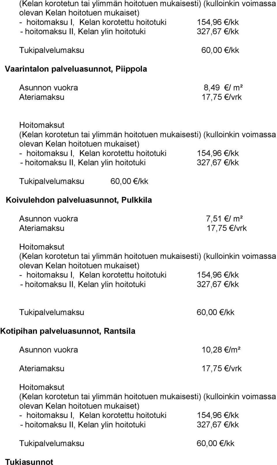 327,67 /kk Kotipihan palveluasunnot, Rantsila Asunnon vuokra 10,28 /m² 17,75 /vrk Hoitomaksut  327,67 /kk Tukiasunnot