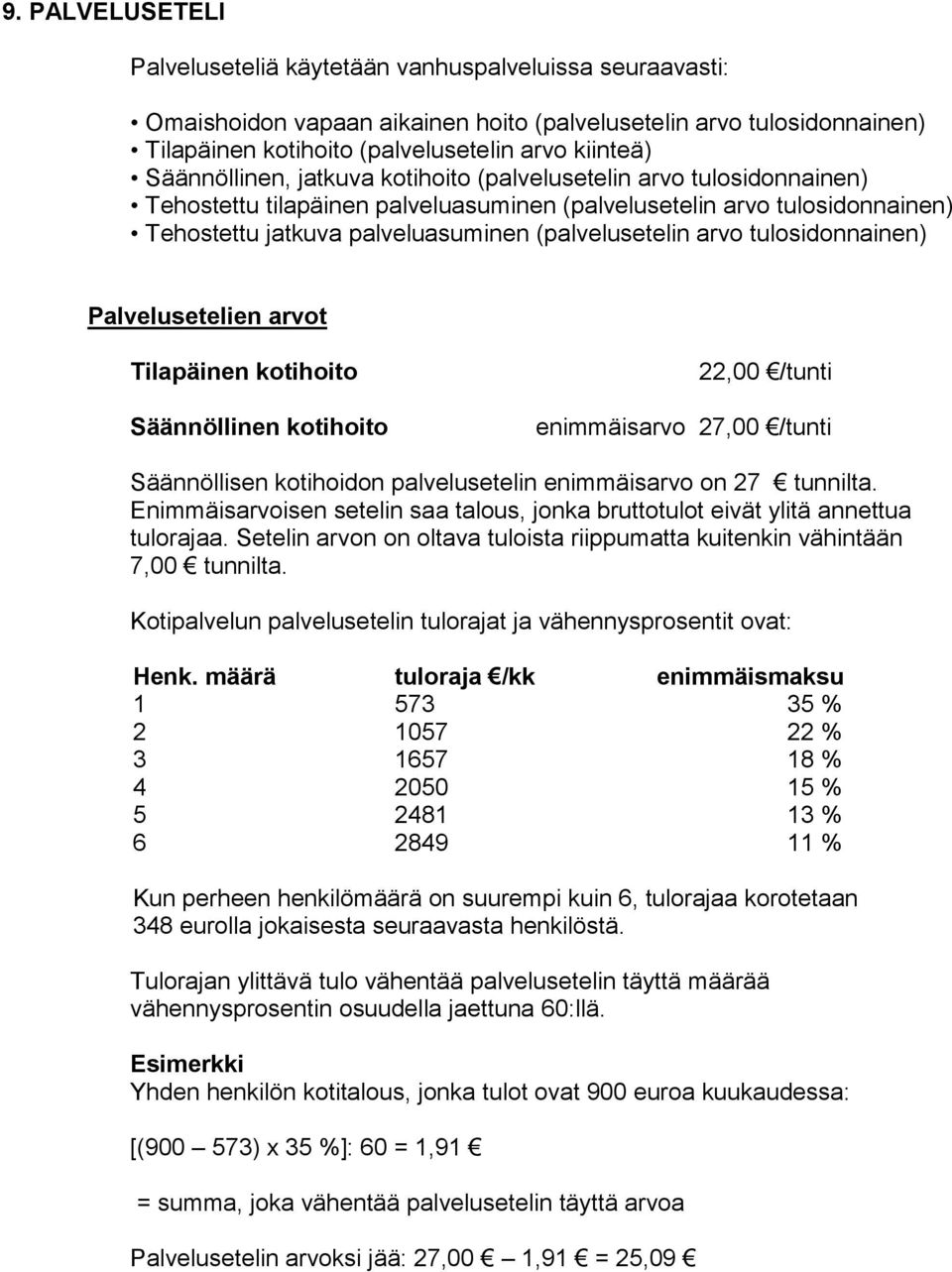 arvo tulosidonnainen) Palvelusetelien arvot Tilapäinen kotihoito Säännöllinen kotihoito 22,00 /tunti enimmäisarvo 27,00 /tunti Säännöllisen kotihoidon palvelusetelin enimmäisarvo on 27 tunnilta.