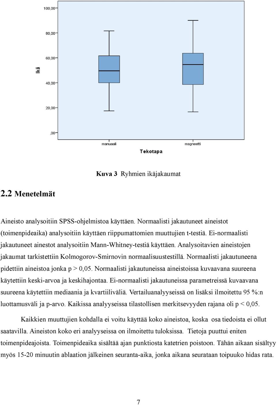 Normaalisti jakautuneena pidettiin aineistoa jonka p > 0,05. Normaalisti jakautuneissa aineistoissa kuvaavana suureena käytettiin keski-arvoa ja keskihajontaa.