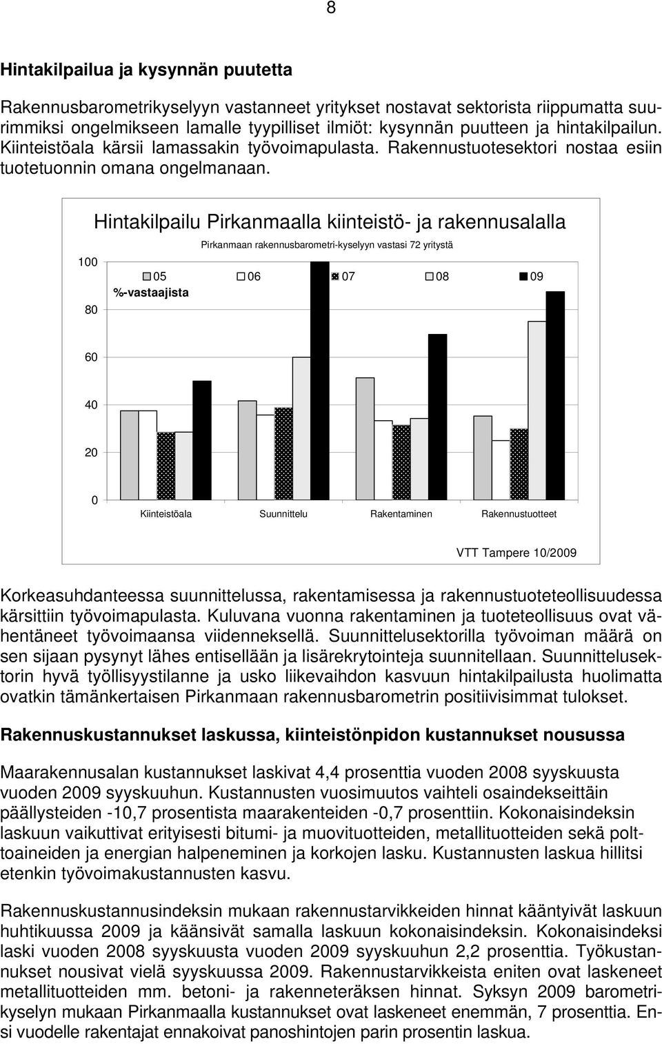 1 8 Hintakilpailu Pirkanmaalla kiinteistö- ja rakennusalalla Pirkanmaan rakennusbarometri-kyselyyn vastasi 72 yritystä 5 6 7 8 9 6 4 2 Kiinteistöala Suunnittelu Rakentaminen Rakennustuotteet VTT